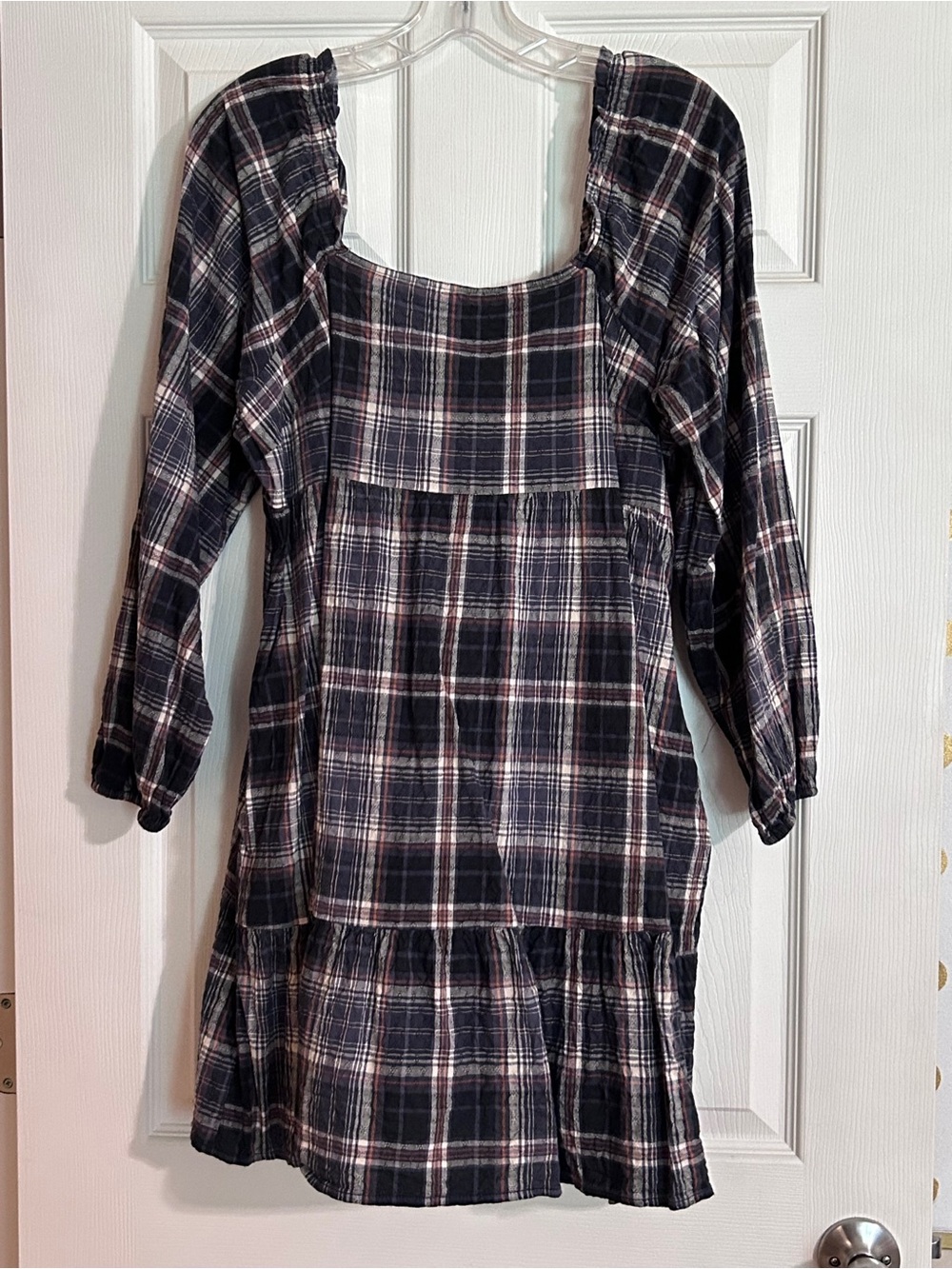 Navy & Orange Plaid Casual Tiered Dress